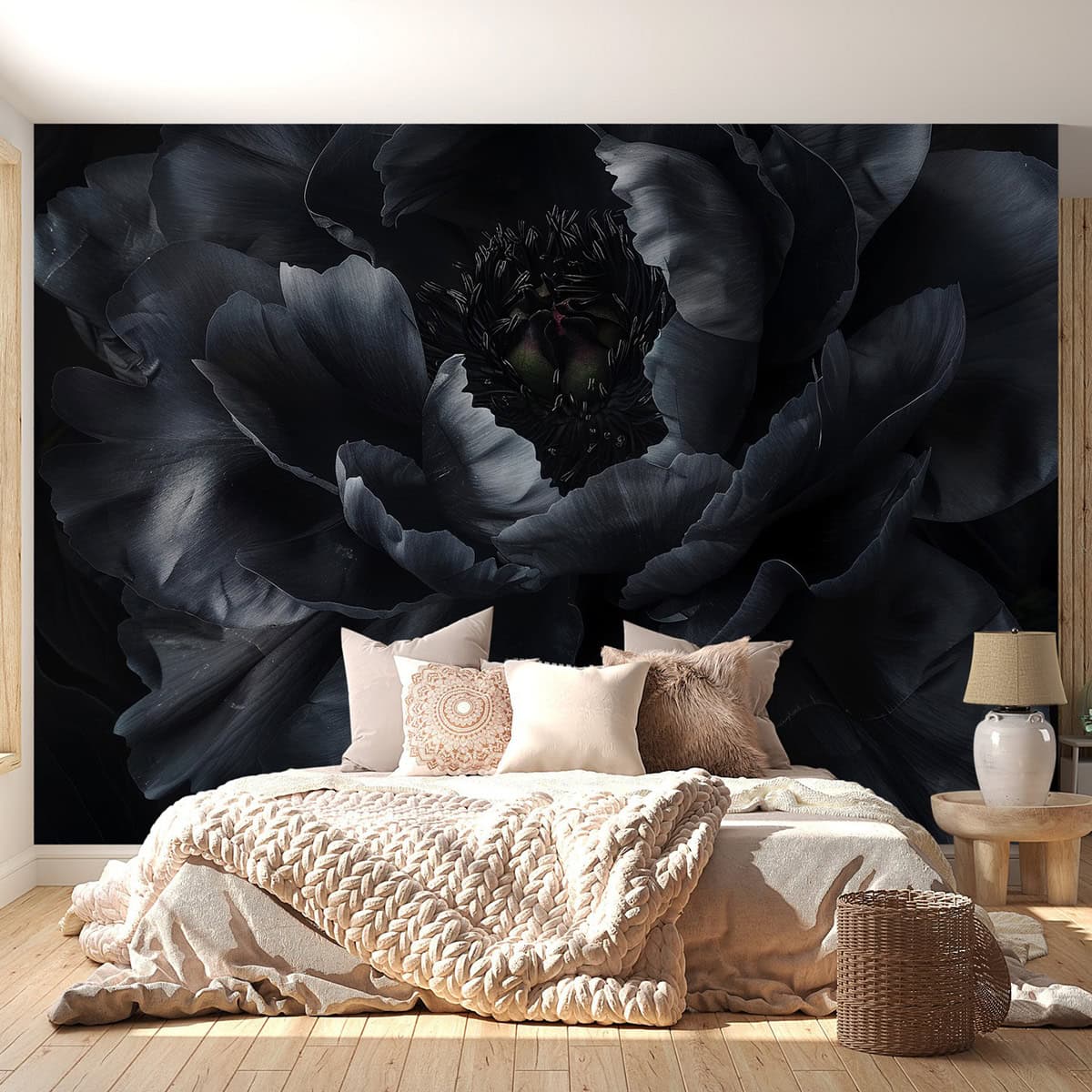 bedroom with large black floral mural wallpaper and neutral bedding black wallpaper ideas home decor