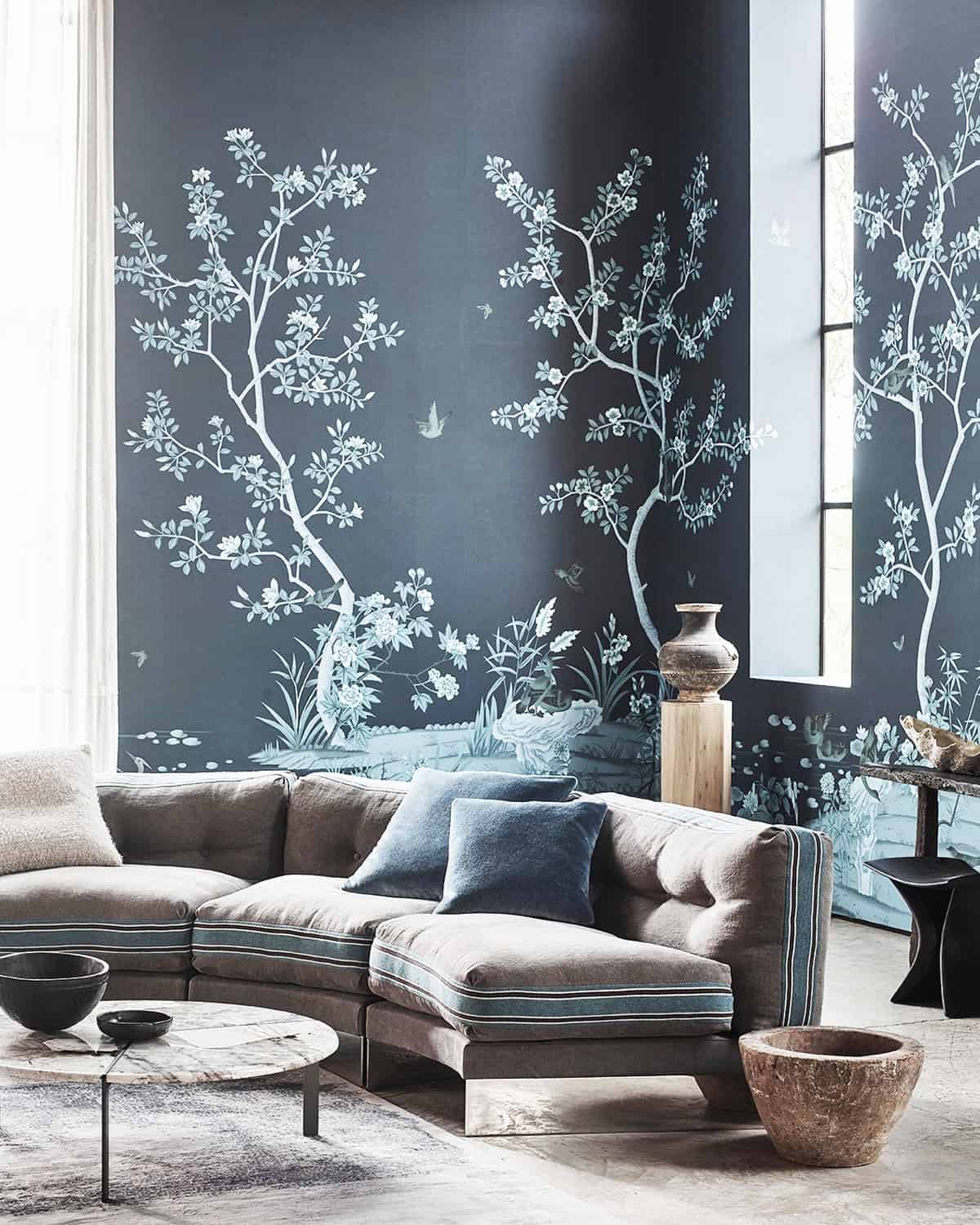 chinoiserie tree mural wallpaper in dark blue living room dark blue wallpaper ideas home decor