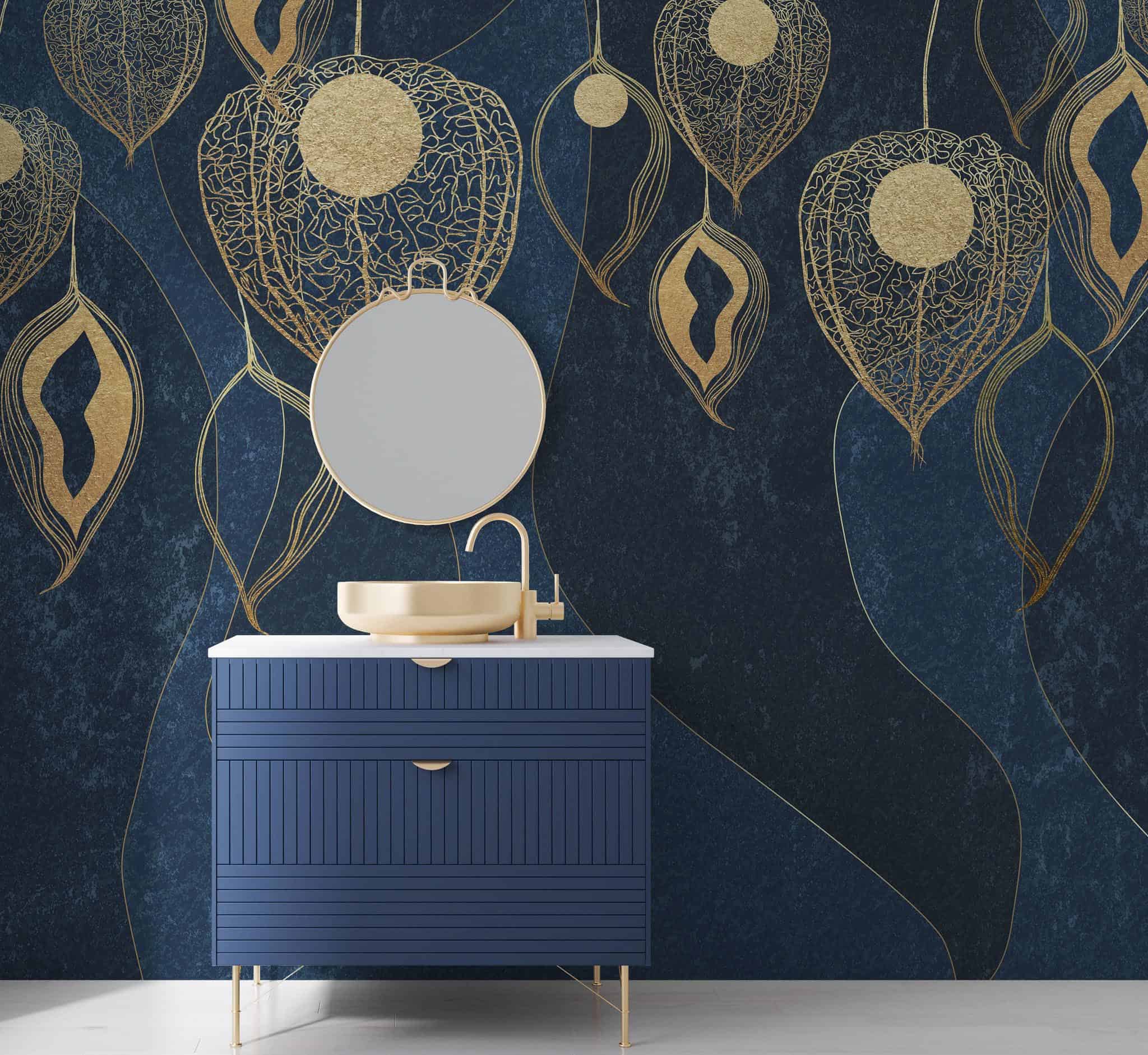 large mural pattern dark blue wallpaper