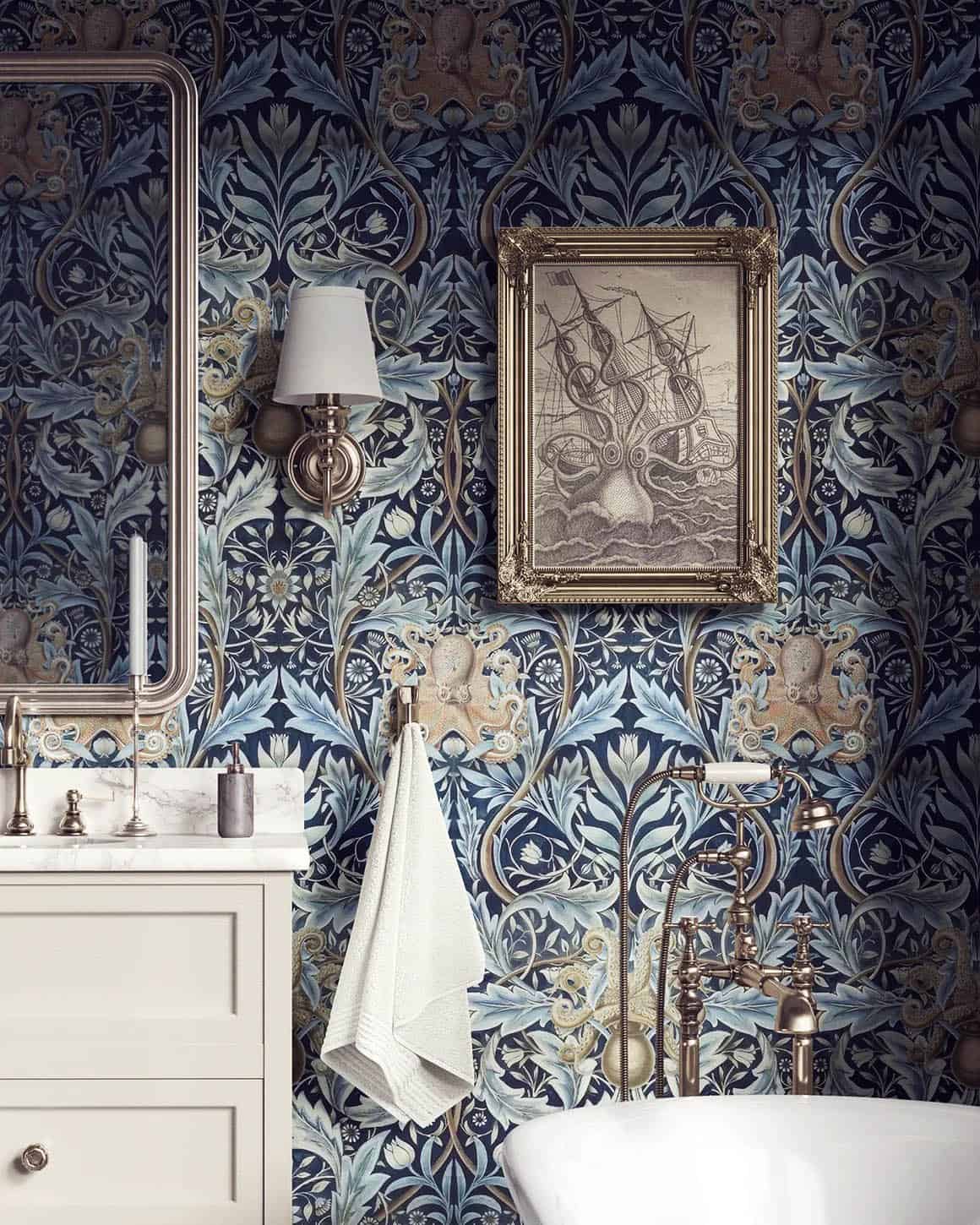 damask pattern dark blue wallpaper