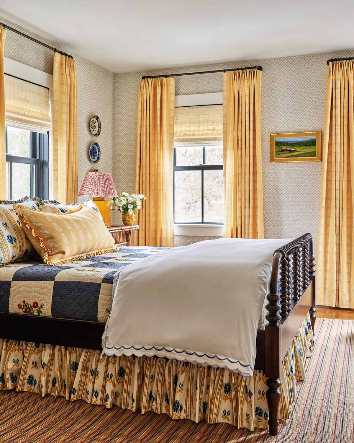 quilted bedding with patterned curtains and wood bed frame, traditional cottage bedroom cottagecore bedroom insp