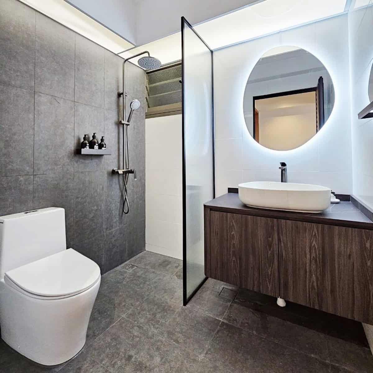 large format gray concrete look bathroom tile ideas