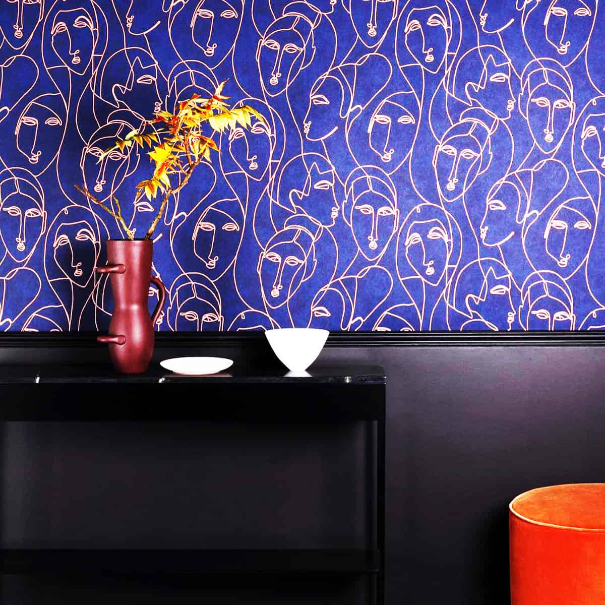 abstract face line art wallpaper in bold dark blue interior dark blue wallpaper ideas home decor