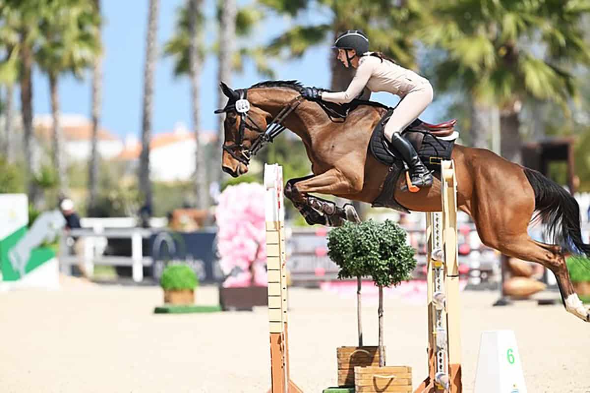 rider mid-jump wearing fitted breeches, helmet, and streamlined riding gear for performance, Best equestrian outfits for English riding