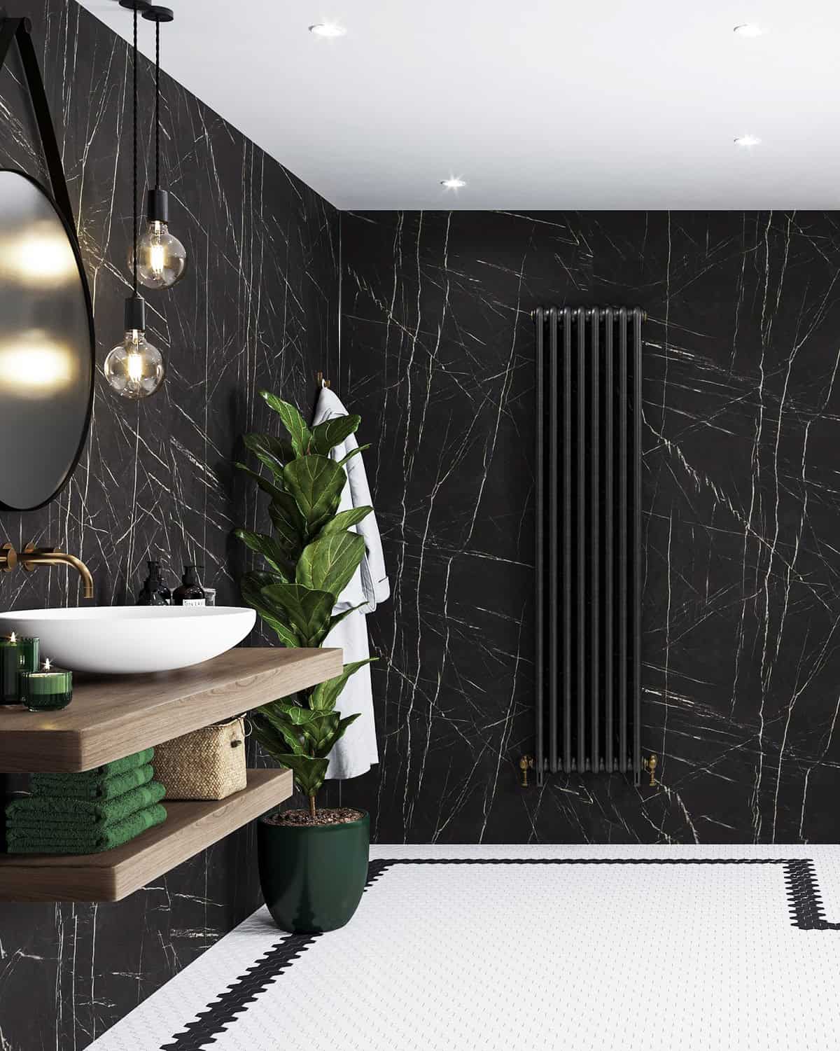 black marble bathroom with wood shelves and plant adding black bathroom ideas