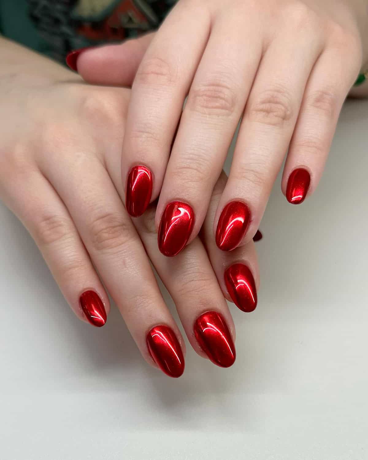 short almond bright red chrome nails red chrome nails