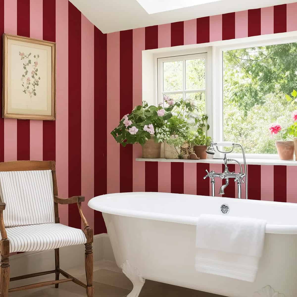 bold pink and burgundy wide stripe wallpaper in a bathroom with botanical prints pink wallpaper ideas home decor