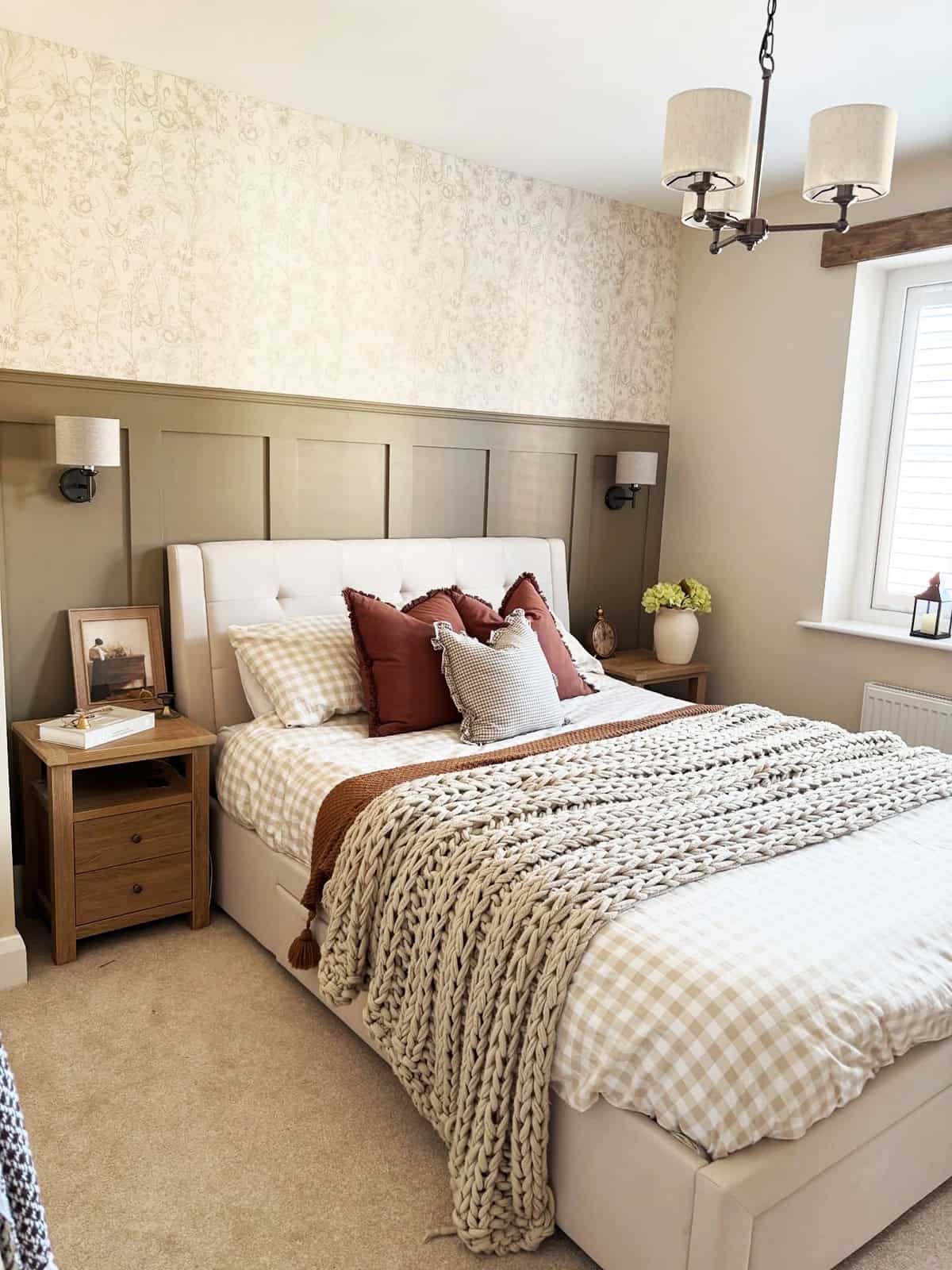 gingham bedding with chunky knit throw, paneled walls, warm neutral bedroom cottagecore bedroom insp