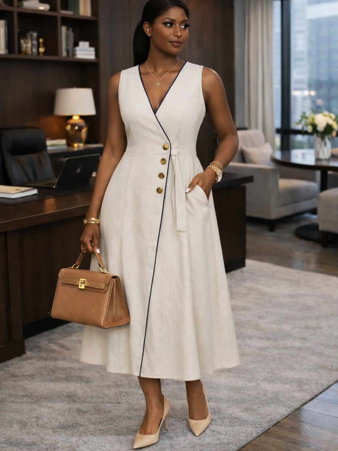 white sleevelss a-line mide dress, summer dresses for the office