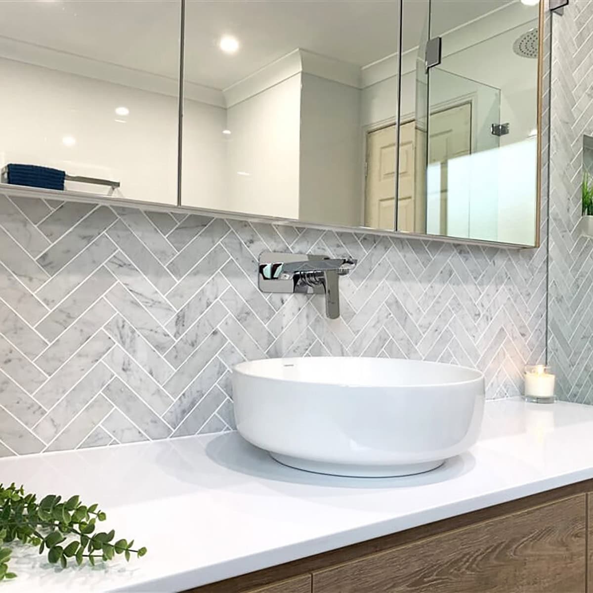 marble herringbone vanity backsplash bathroom tile ideas