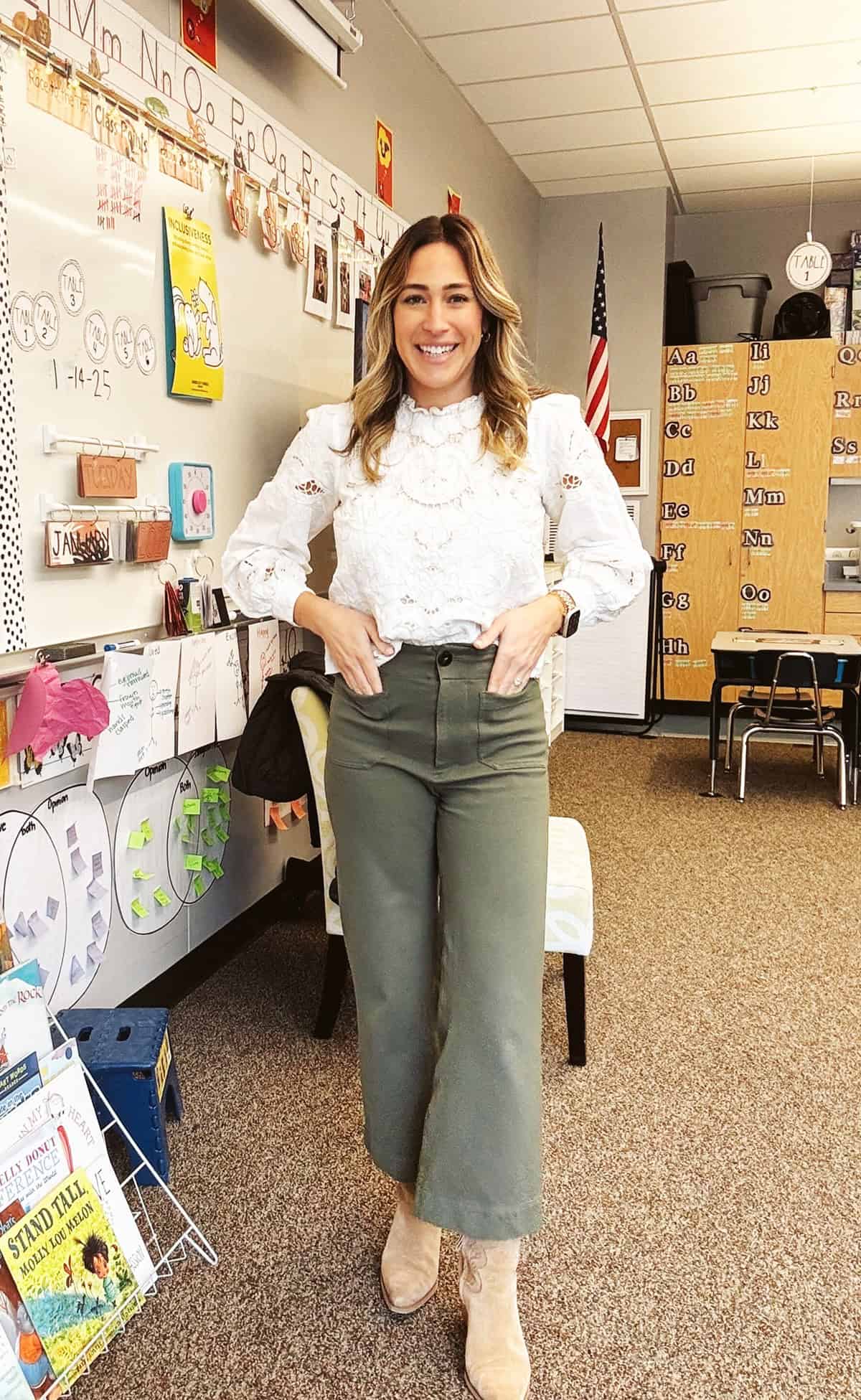 white eyelet long-sleeve top with olive high-waisted wide-leg pants and tan ankle boots for office attire for women over 40
