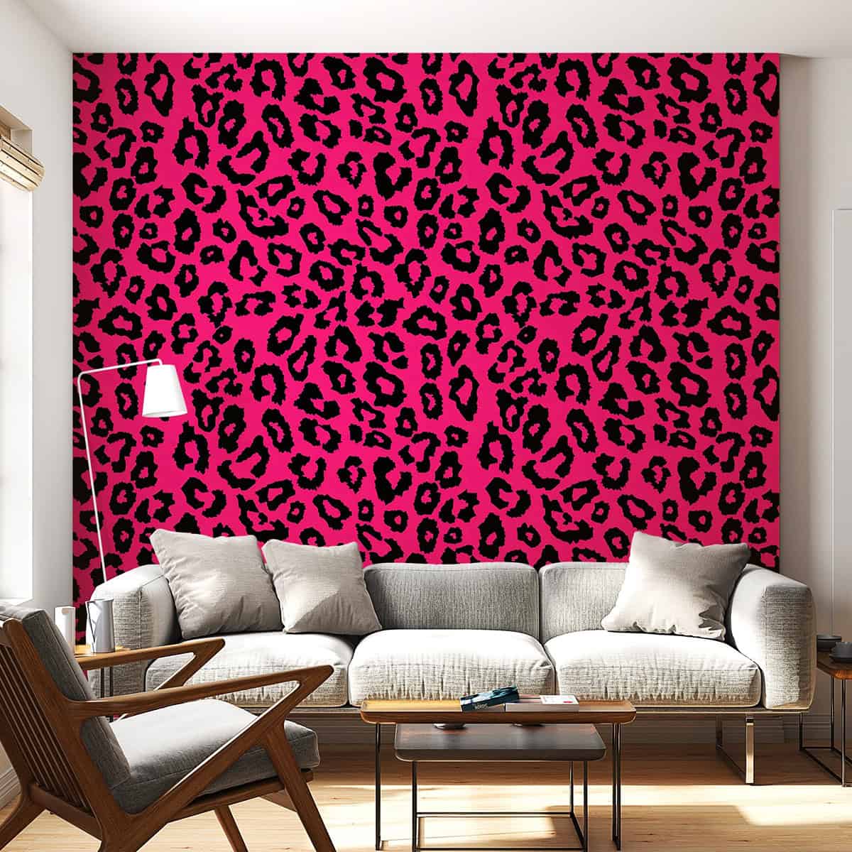hot pink leopard print wallpaper mural in a living room pink wallpaper ideas home decor