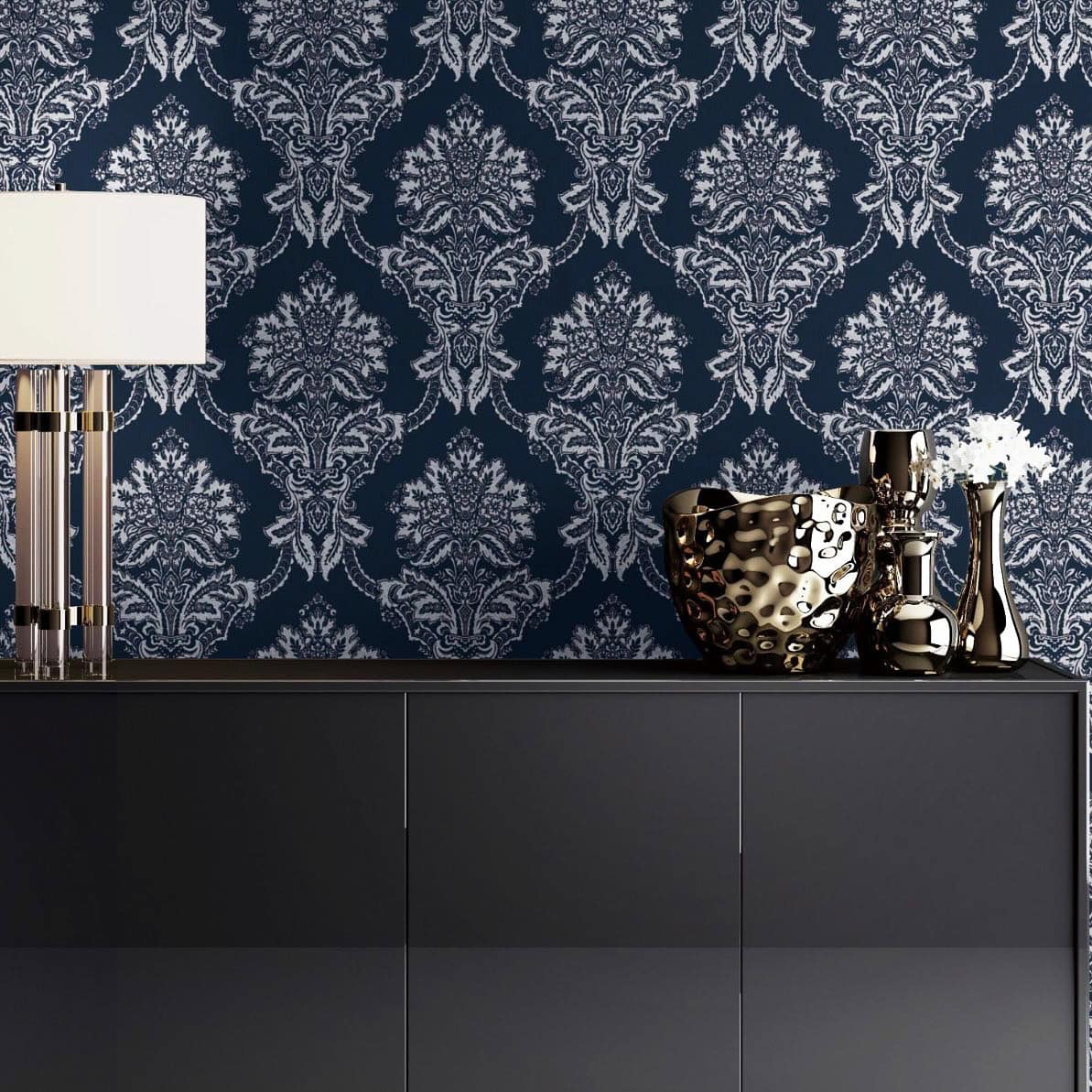 damask dark blue wallpaper