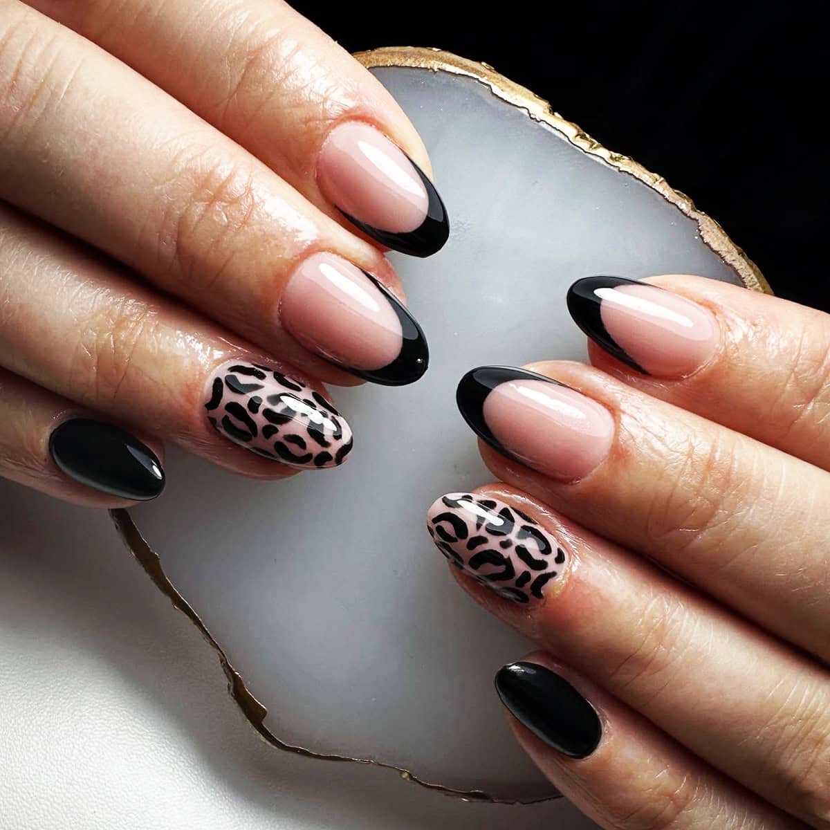 nude almond black French tip leopard print nails
