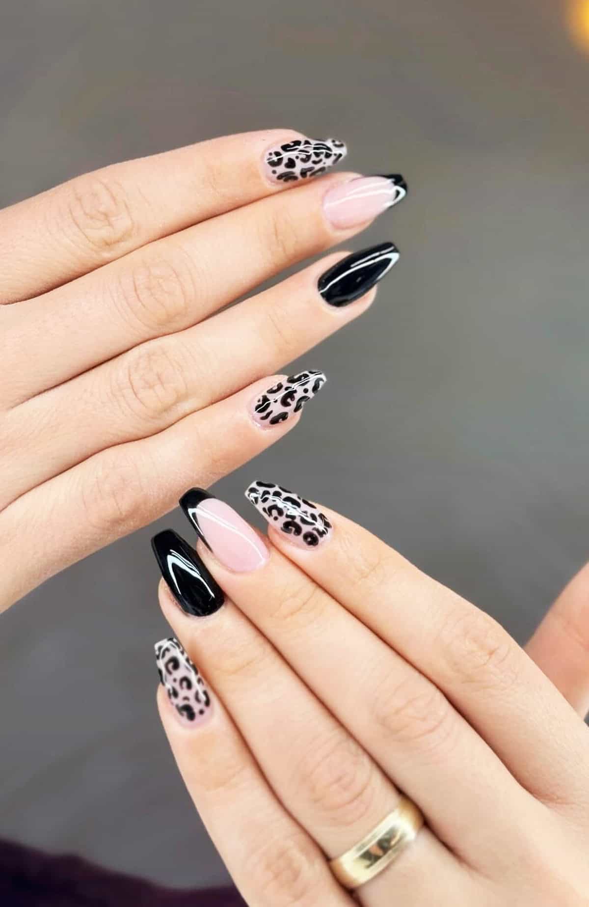 coffin nude black swirl black leopard print nails