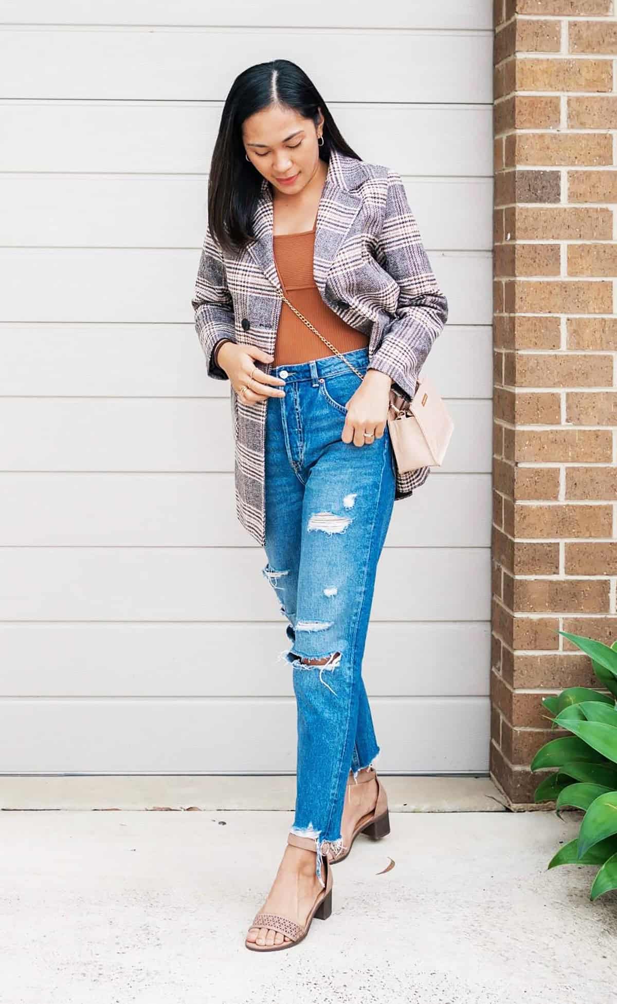 plaid blazer rust top jeans for moms who need easy outfit ideas