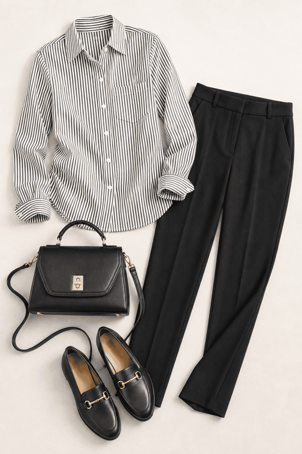 flatlay of striped shirt black slacks outfit items