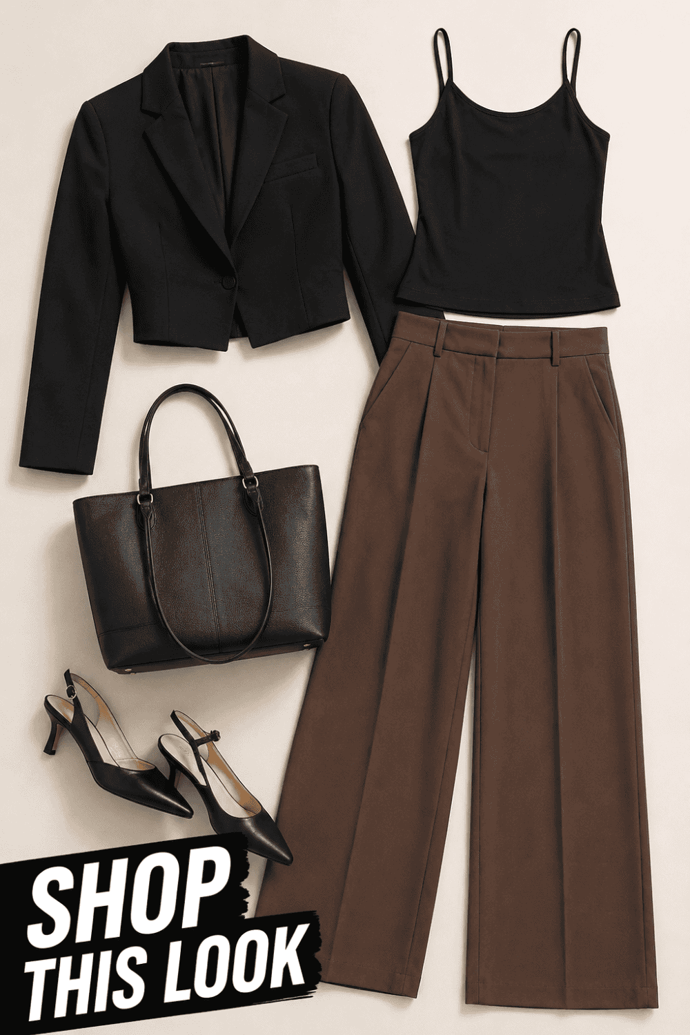 Chocolate Brown Trousers with a Cropped Black Blazer flatlay