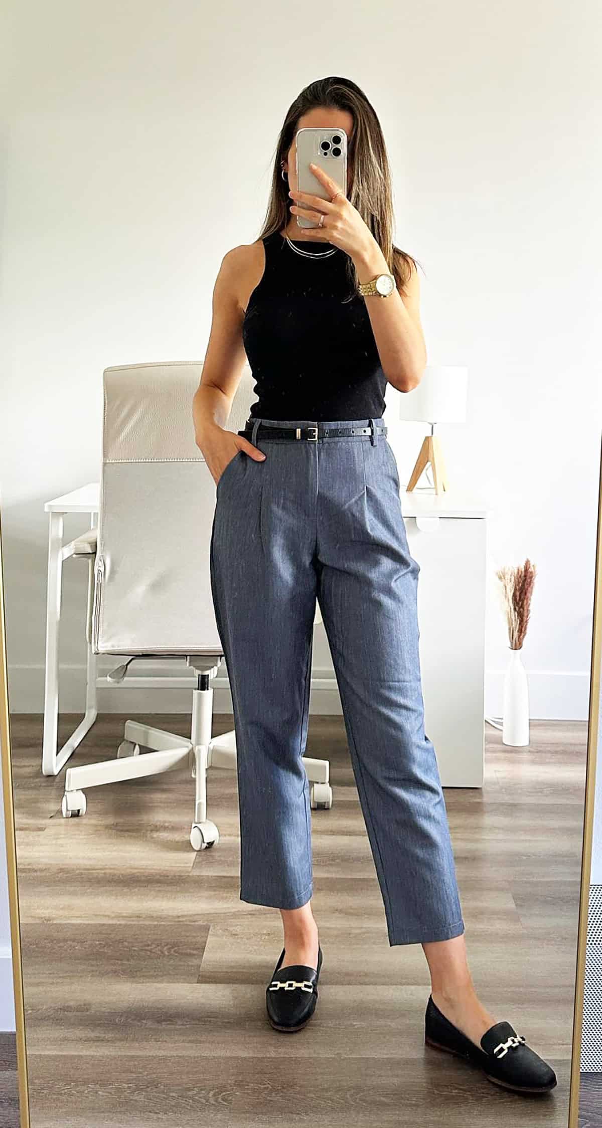 black top grey trousers internship outfit