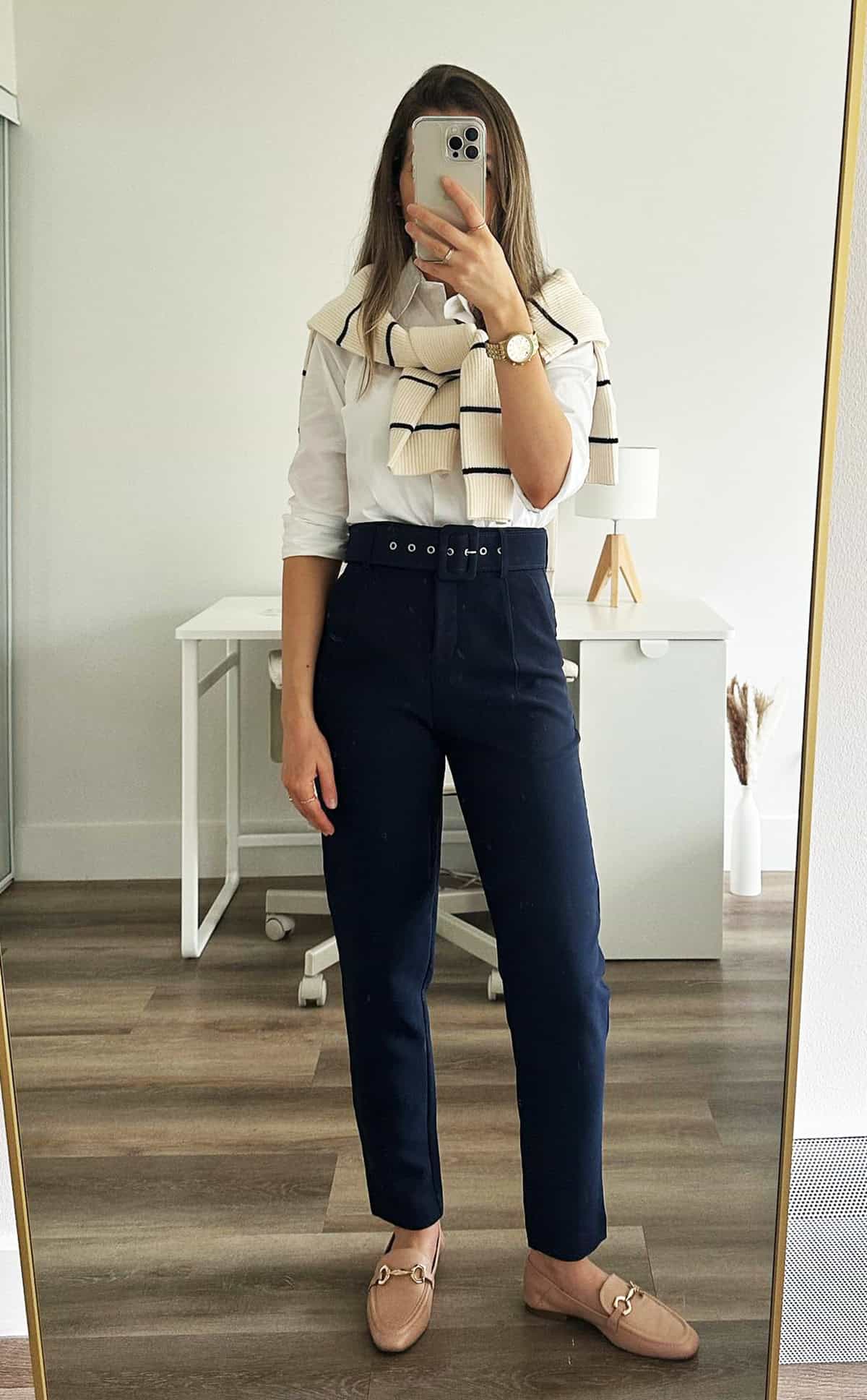white shirt scarf navy trousers internship outfit