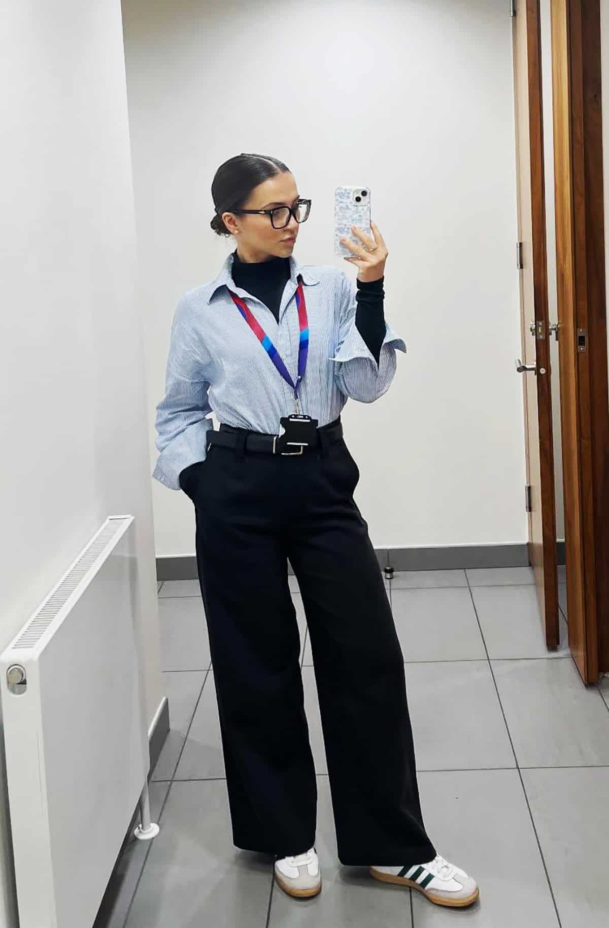 striped shirt turtleneck trousers internship outfit