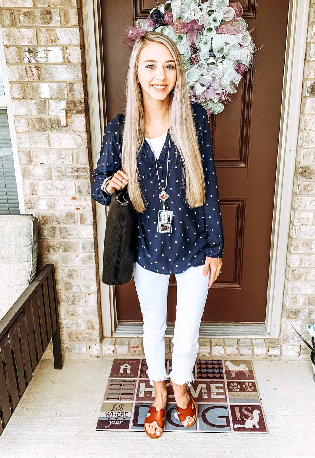 navy polka dot blouse internship outfit