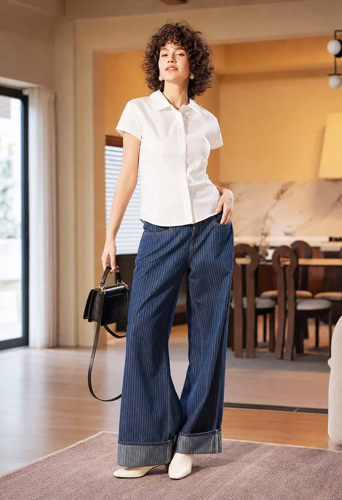 white shirt pinstripe wide jeans internship outfit