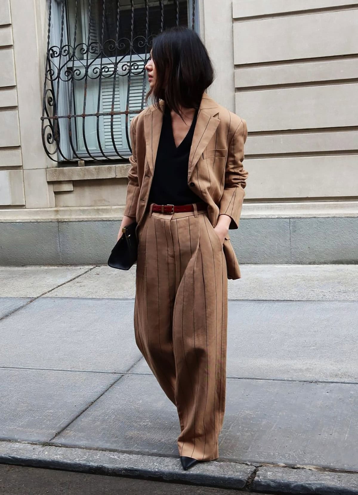 brown blazer plaid trousers internship outfit