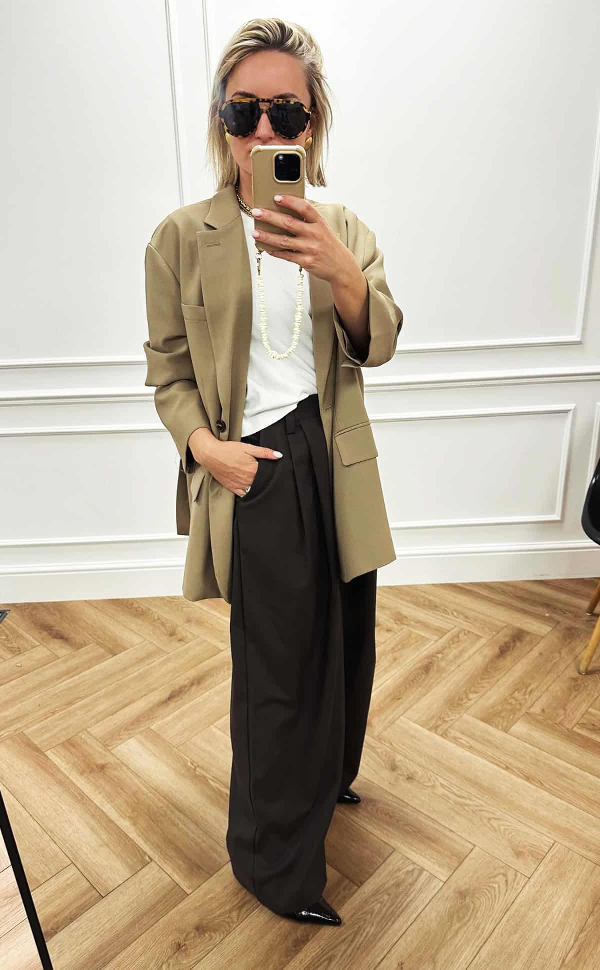 camel blazer white tee internship outfit