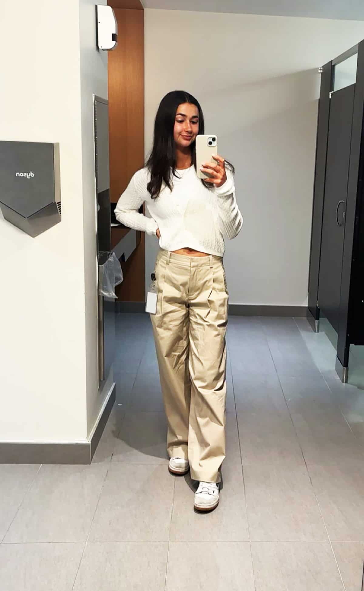 cream trousers white knit internship outfit