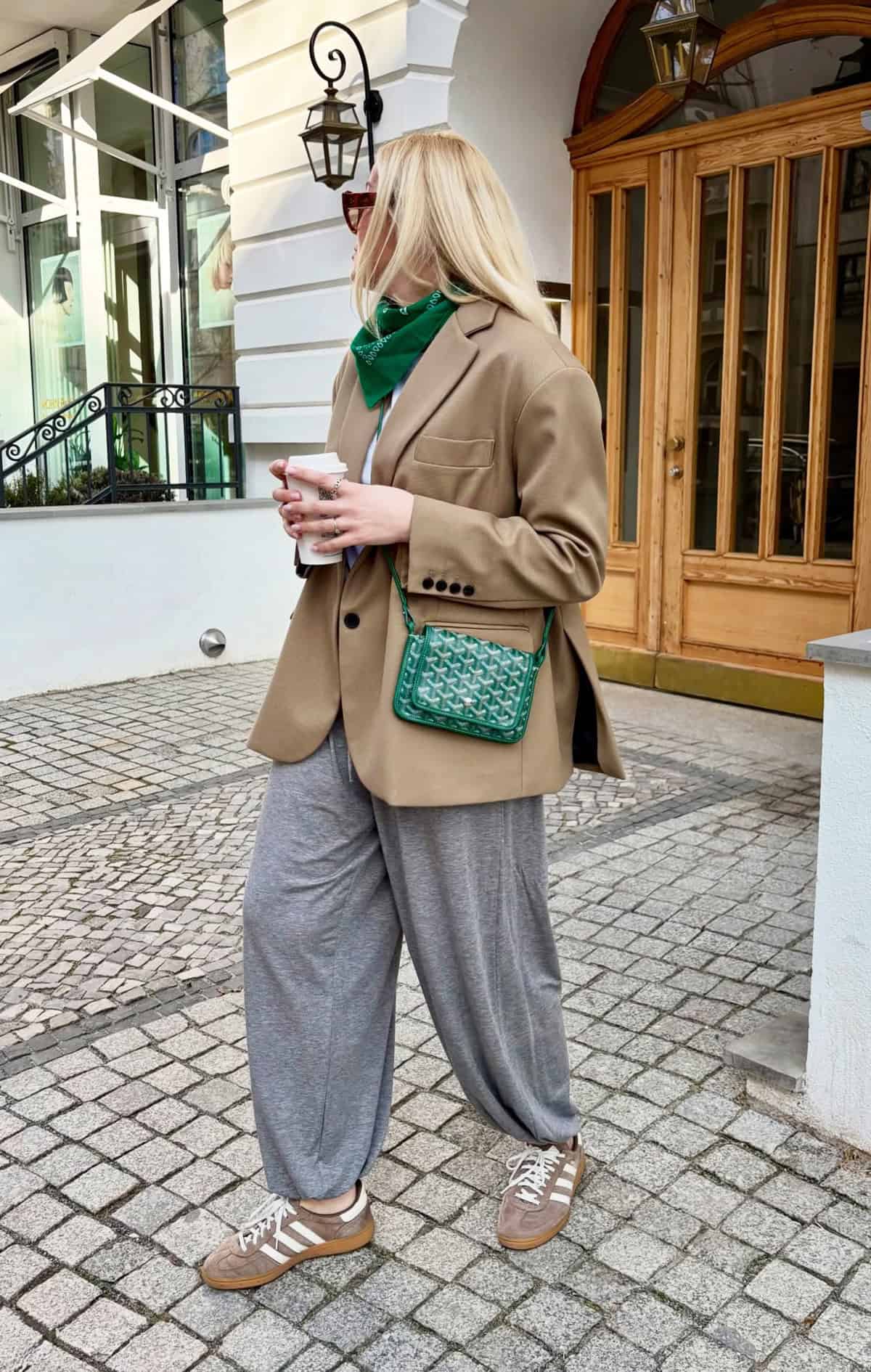 tan blazer grey joggers internship outfit