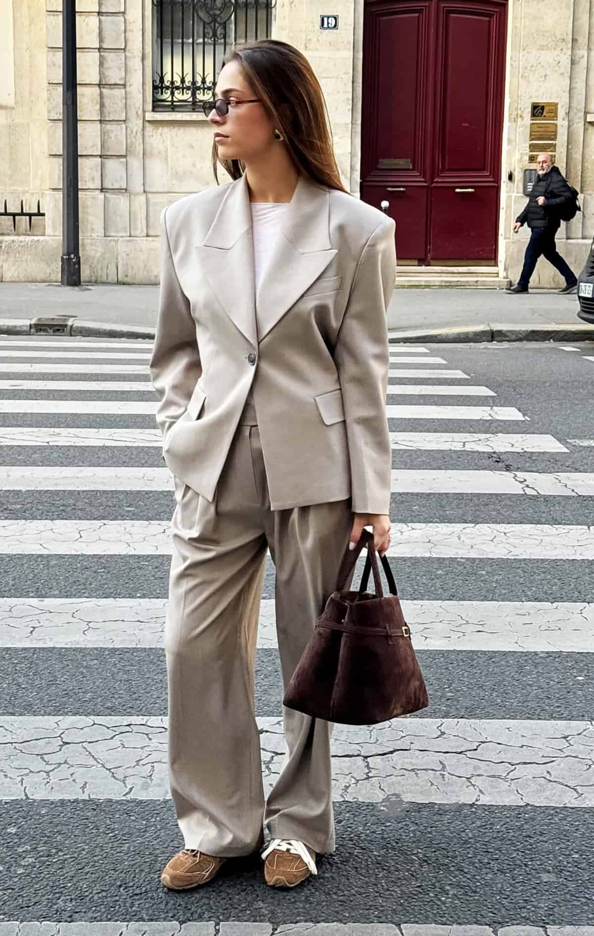 beige suit set sneakers internship outfit