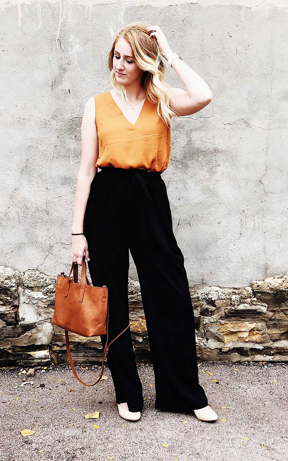 mustard tank black trousers internship outfit