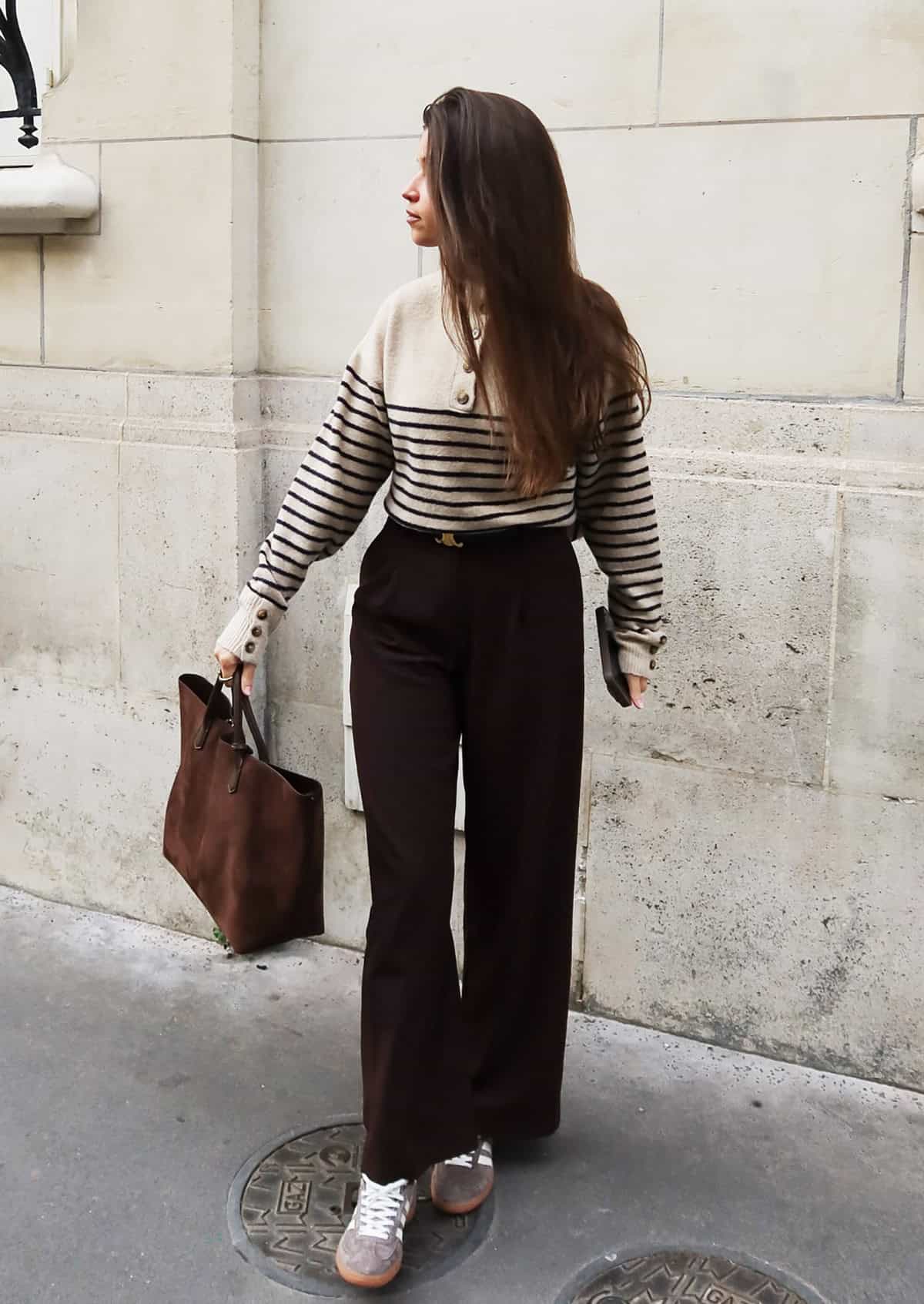 striped sweater brown trousers internship outfit