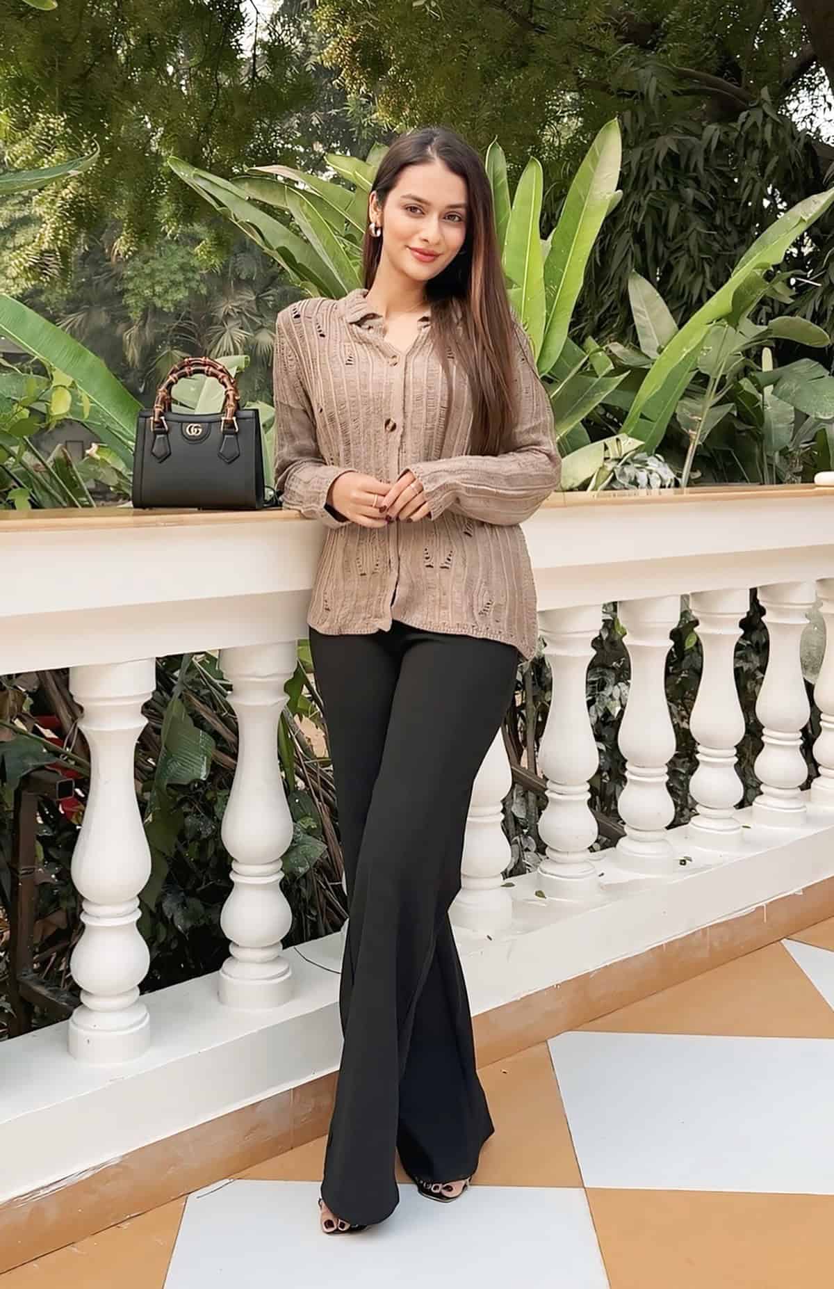 taupe knit shirt trousers internship outfit