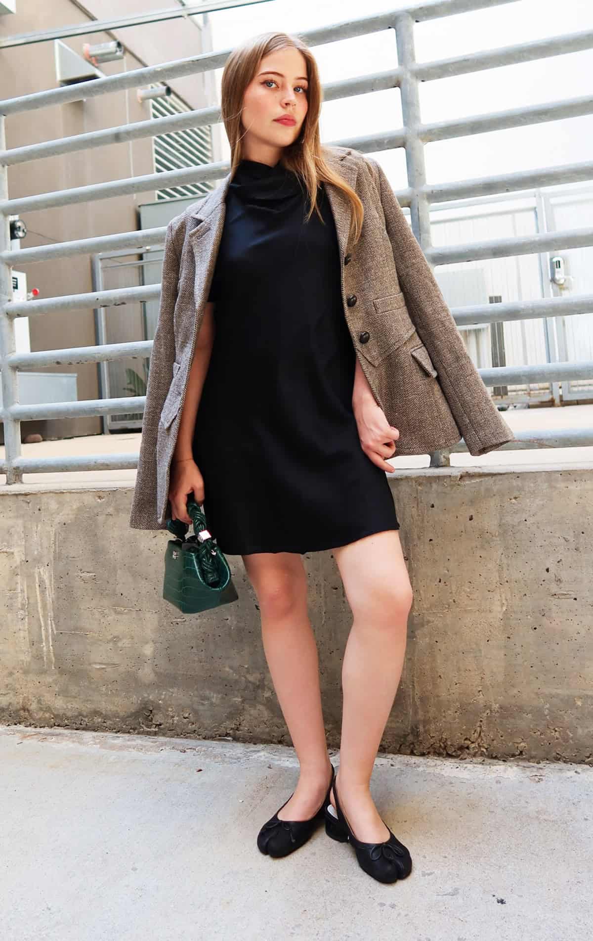 herringbone blazer black dress internship outfit