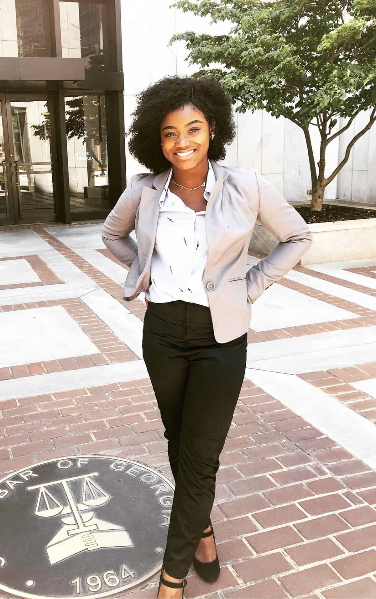 grey blazer black trousers internship outfit
